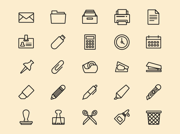 25枚常见办公工具矢量线性图标 25 Essential Office Tools Icons