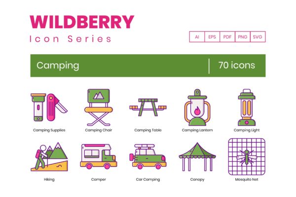 野莓系列-70枚野外露营主题矢量图标 70 Camping Icons | Wildberry Series