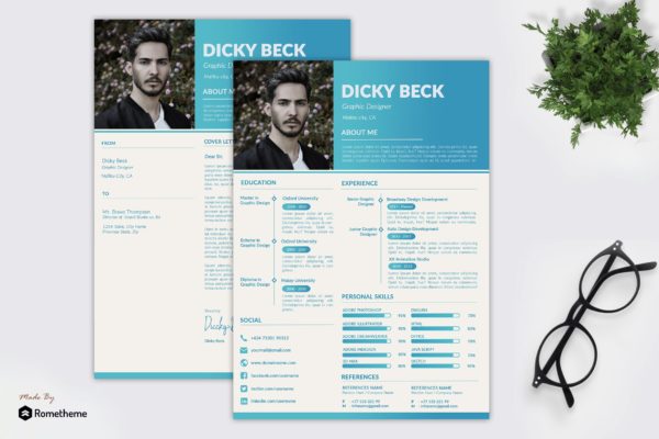 渐变色简历&介绍信二合一设计模板 Dicky Beck – Resume CV Template IS