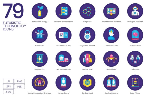 兰花系列-79个未来科技矢量图标素材 79 Futuristic Technology Icons | Orchid Series