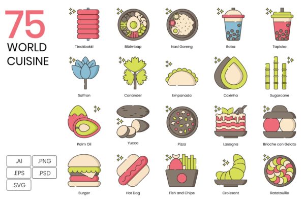 75枚世界美食主题矢量图标 75 World Cuisine Icons – Hazel Series