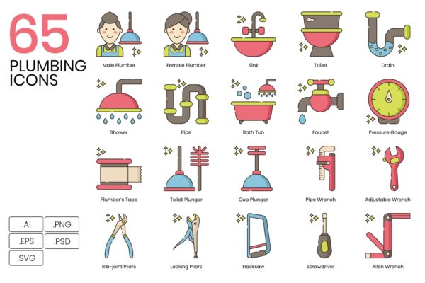 65个管道工程主题线条图标集 65 Plumbing Line Icons