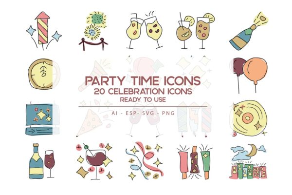 20枚活动时刻主题手绘设计风格矢量图标 Party Time Icons Set