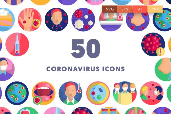 50枚新冠状病毒COVID-19矢量圆形图标 50 Coronavirus Icons