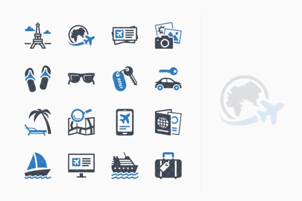 蓝色系列-旅游旅行矢量图标v5 Tourism & Travel Icons Set 5 – Blue Series