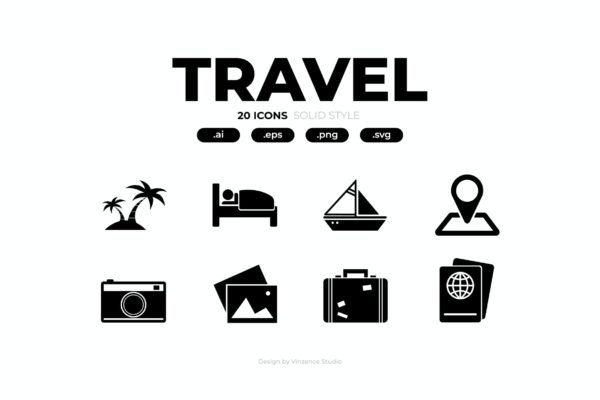 20个旅行实心图标矢量素材 20 Travel Solid Icons