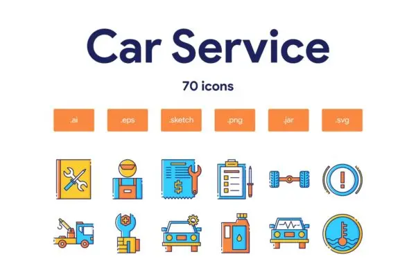 70枚汽车服务主题填色线性图标 Car Service Icon Set