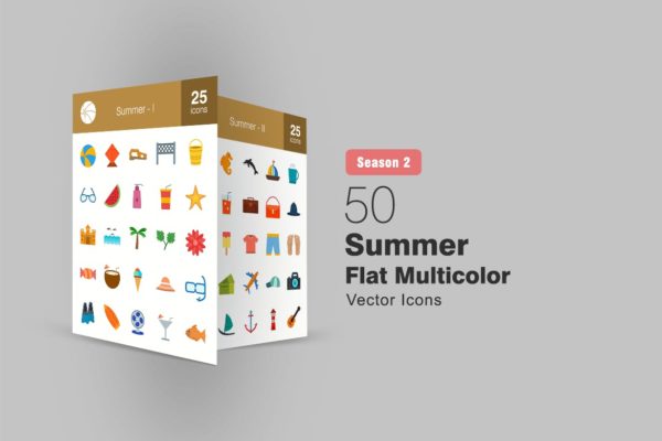 50枚夏天主题扁平化多彩矢量图标 II 50 Summer Flat Multicolor Icons Season II