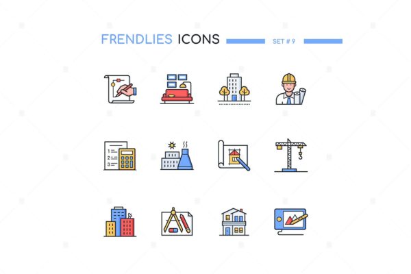 建筑学主题线条设计风格矢量图标集 Architecture – modern line design style icons set