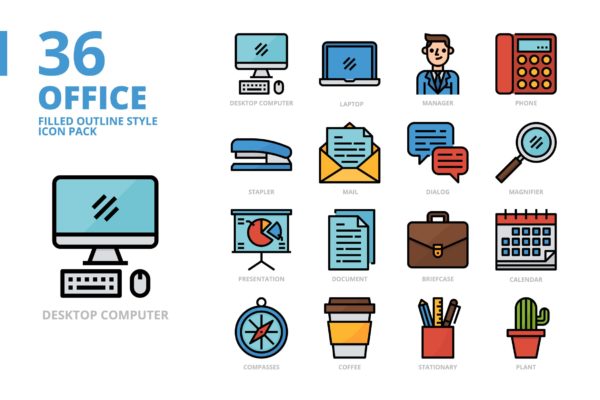 办公填充轮廓图标素材 Office Filled Outline Style Icon Set