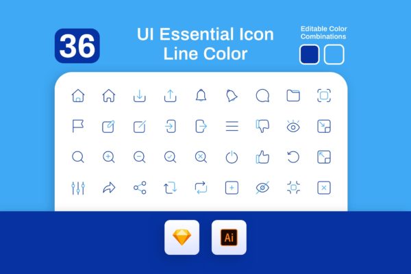 36枚用户界面设计常用彩色矢量线性图标 UI Essential Icon Line Color