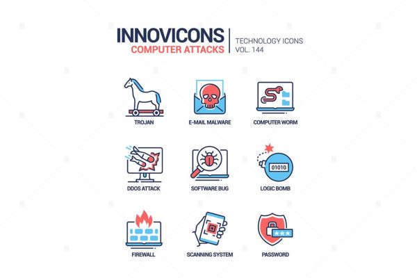 计算机入侵主题线条风格图标 Computer attacks – line design style icons