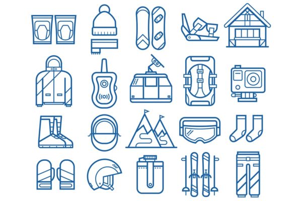 滑雪板&滑雪主题矢量线性图标 Snowboarding and Skiing Line Icons