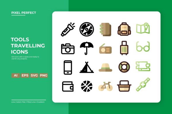 旅行工具矢量图标-5种风格 Travelling Tools Icon – 5 Styles