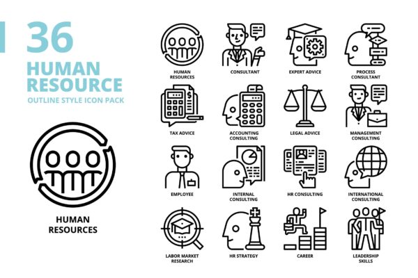 人力资源轮廓图标素材 Human Resource Outline Style Icon Set