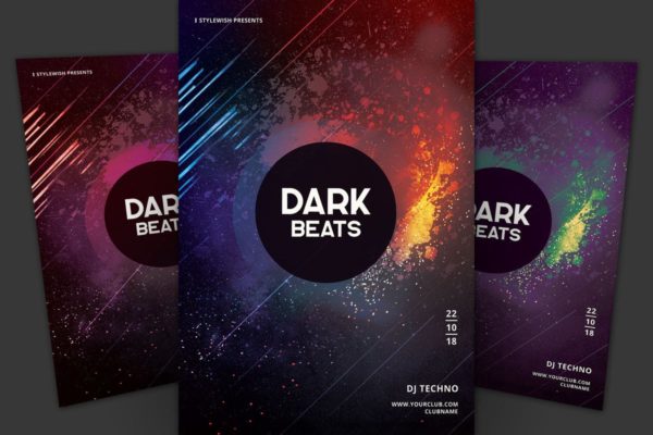 水彩飞溅斑点风格DJ音乐活动传单素材 Dark Beats Flyer