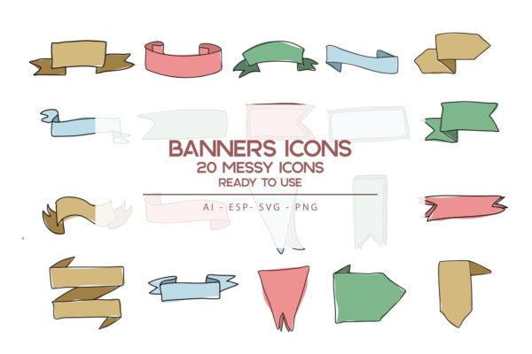 20枚横幅手绘草图矢量填充色图标 Banners Icons set