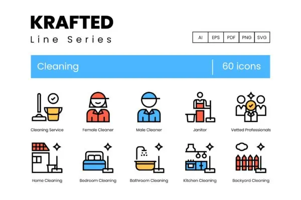 Krafted Line系列-60枚清洁保洁服务矢量图标 60 Cleaning Icons | Krafted Line Series