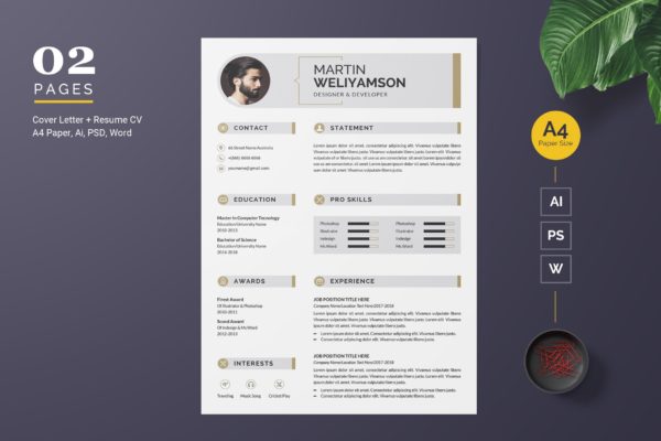 简约风格图形设计师简历&求职信设计模板 Clean Resume / CV Template
