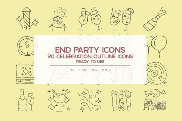 20枚跨年主题矢量轮廓图标 End Time Outline Icons Set
