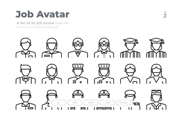 30枚工作岗位人物形象Outline风格矢量图标 30 Job Avatar Icons – Outliner