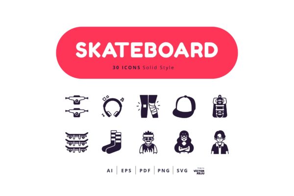30个滑板运动纯色图标素材 30 Icons Skateboard Solid Style