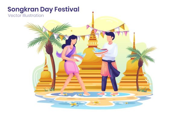 泼水节概念扁平化插画矢量模板v3 Songkran Festival Flat Illustration – Agnytemp