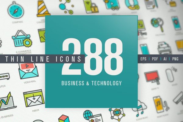 电子商务＆科技主题现代细线图标套件 Set of Thin Line Icons for Business and Technology