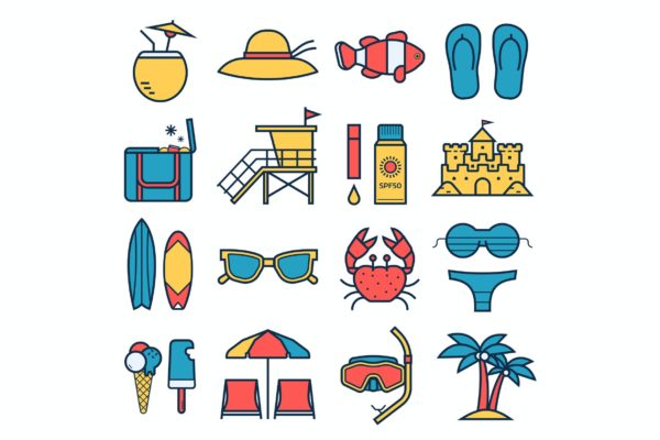 夏季海滩度假矢量图标集 Summer Beach Vacation Icons Set