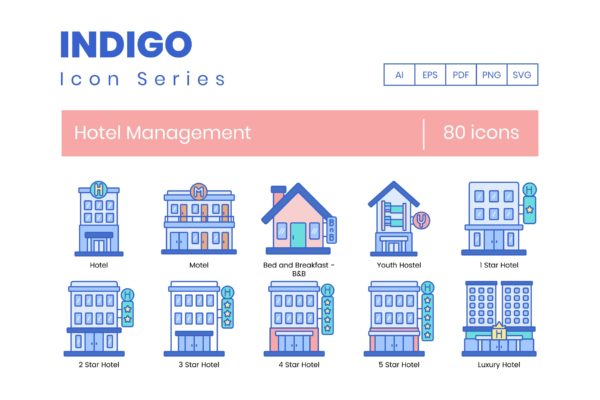 80枚酒店管理主题矢量图标 80 Hotel Management Icons – Indigo Series