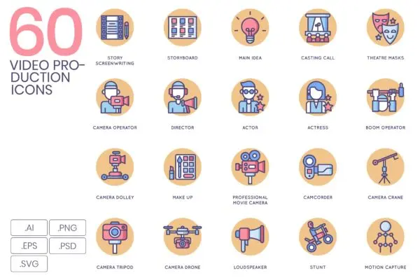 奶油糖果系列-60个视频制作矢量图标 60 Video Production Icons | Butterscotch Series