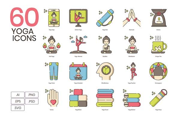 60个可爱的瑜伽相关元素图标下载[Ai]