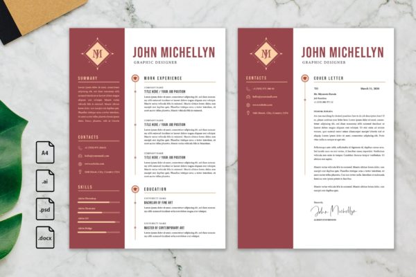 红白色两列排版设计求职简历模板 Professional CV And Resume Template John
