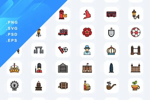 50个英国元素彩色图标素材 50 England Icons