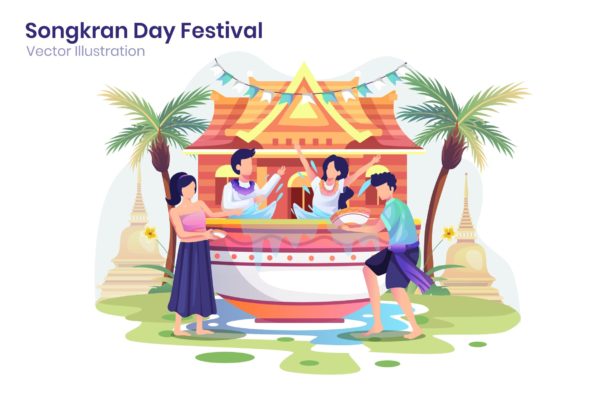 泼水节概念扁平化插画矢量模板v4 Songkran Festival Flat Illustration – Agnytemp