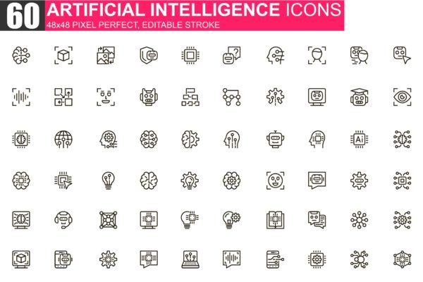 人工智能主题细线图标素材包 Artificial Intelligence Thin Line Icons Pack