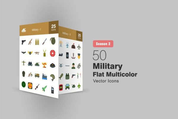50枚军队装备主题扁平化多彩矢量图标 II 50 Military Flat Multicolor Icons Season II
