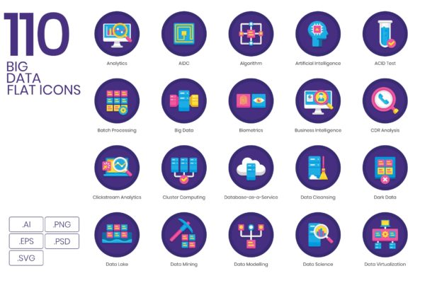 兰花系列-110个大数据矢量圆形图标 110 Big Data Icons | Orchid Series