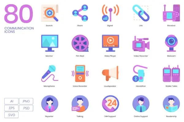 紫罗兰系列-80枚通讯主题矢量图标 80 Communication Icons | Violet Series