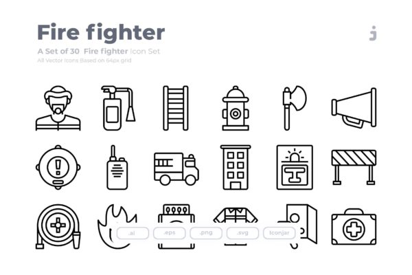 30枚消防员/消防主题Outline风格矢量图标 30 Fire fighter Icons – Outliner