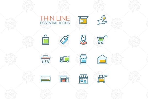 电商购物&物流配送主题矢量图标合集 Shopping and Delivery Symbols – thin line icons