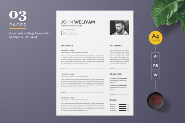 方形大头贴照片现代简约履历表版式设计模板 Professional and Clean Resume Template