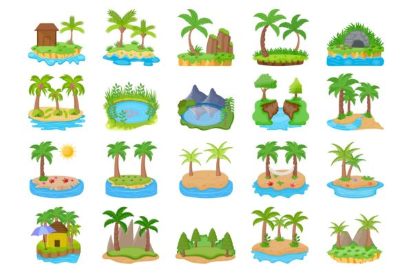 60个不同的岛屿平面场景小图标 60 Different Scenes of Islands