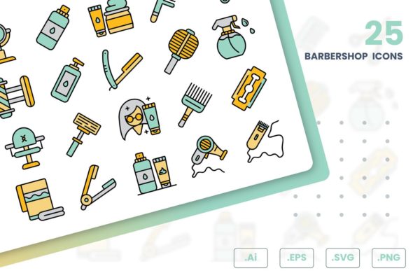 25枚理发店主题矢量图标素材 Barbershop Icons Set