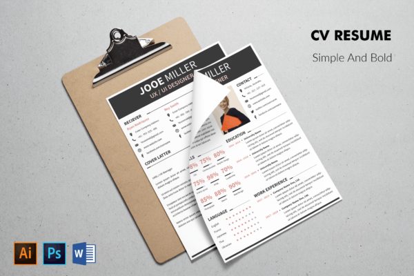 UI/UX设计师推荐信&简历设计模板 CV Resume Bold And Professional