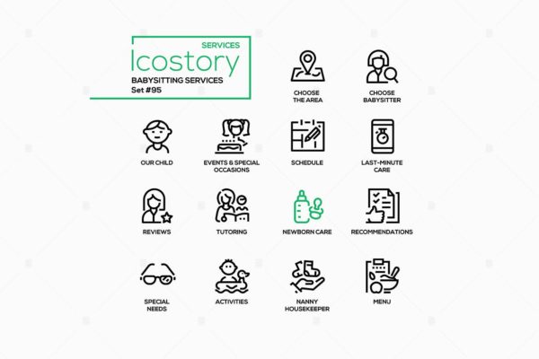 保姆服务主题线条风格矢量图标 Babysitting services – line design style icons
