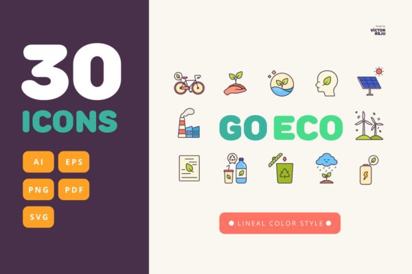 30个生态主题线条彩色风格矢量图标包 30 Go Eco Lineal Color Style Icons Pack