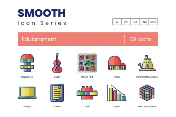 平滑系列-60个教育娱乐主题彩色矢量图标 60 Edutainment Icons – Smooth Series