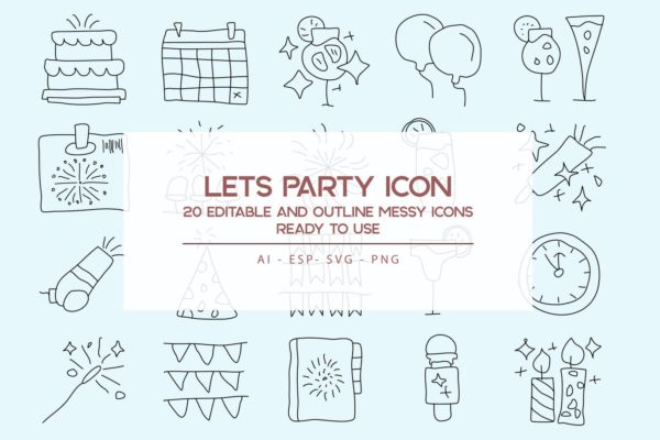 20枚活动派对主题手绘设计风格矢量线性图标 Lets Party Outline Icons Set