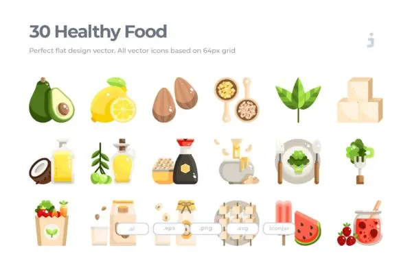 30枚健康食品&蔬菜扁平设计风格矢量图标 30 Healthy food and Vegan Icons – Flat